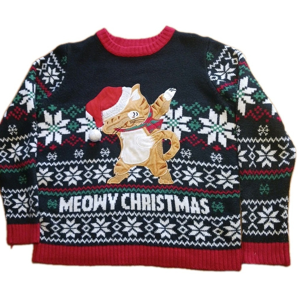 Holiday Time Kids Ugly Christmas Sweater Dabbing Cat Large 10/12